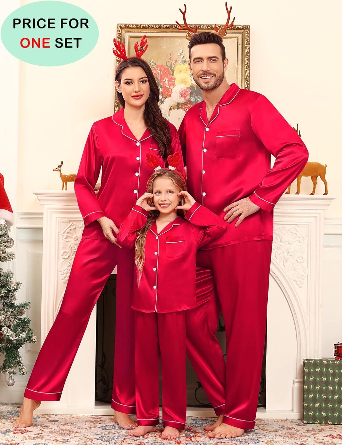 imageSWOMOG Family Matching Pajamas Set Satin Long Sleeve Button Down 2 PCS Pjs Pajama Top amp Pants Holiday Sleepwear SetRed
