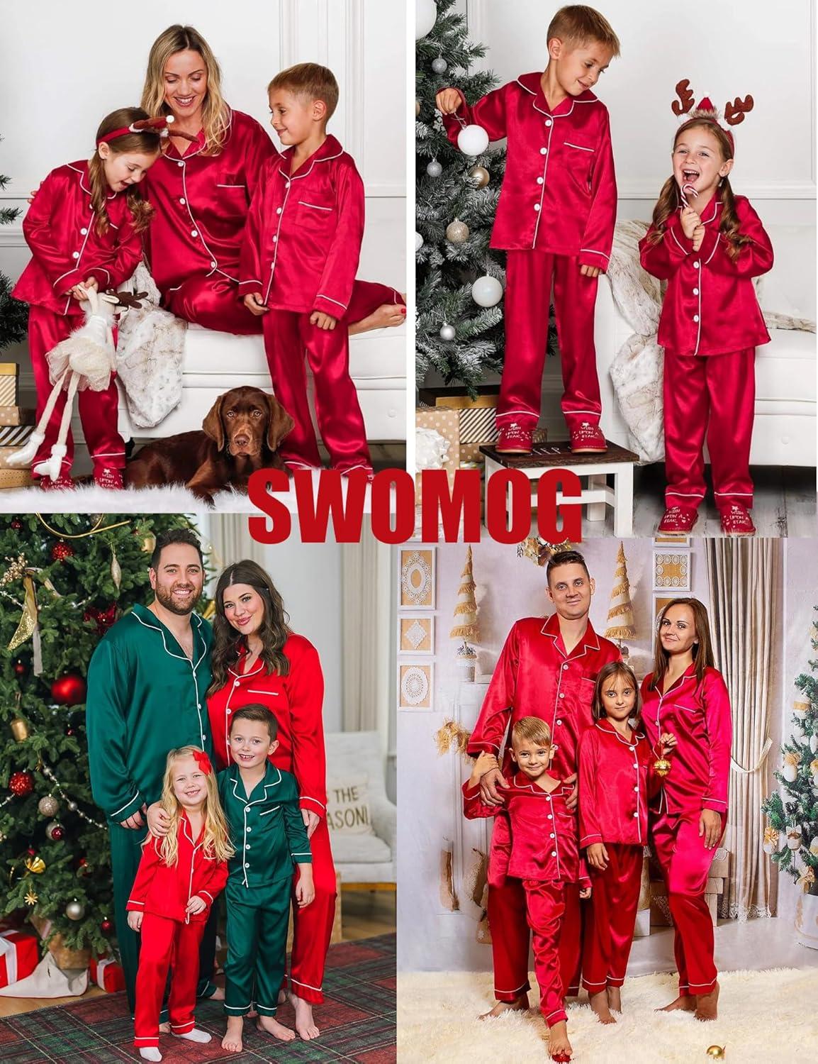 imageSWOMOG Family Matching Pajamas Set Satin Long Sleeve Button Down 2 PCS Pjs Pajama Top amp Pants Holiday Sleepwear SetRed