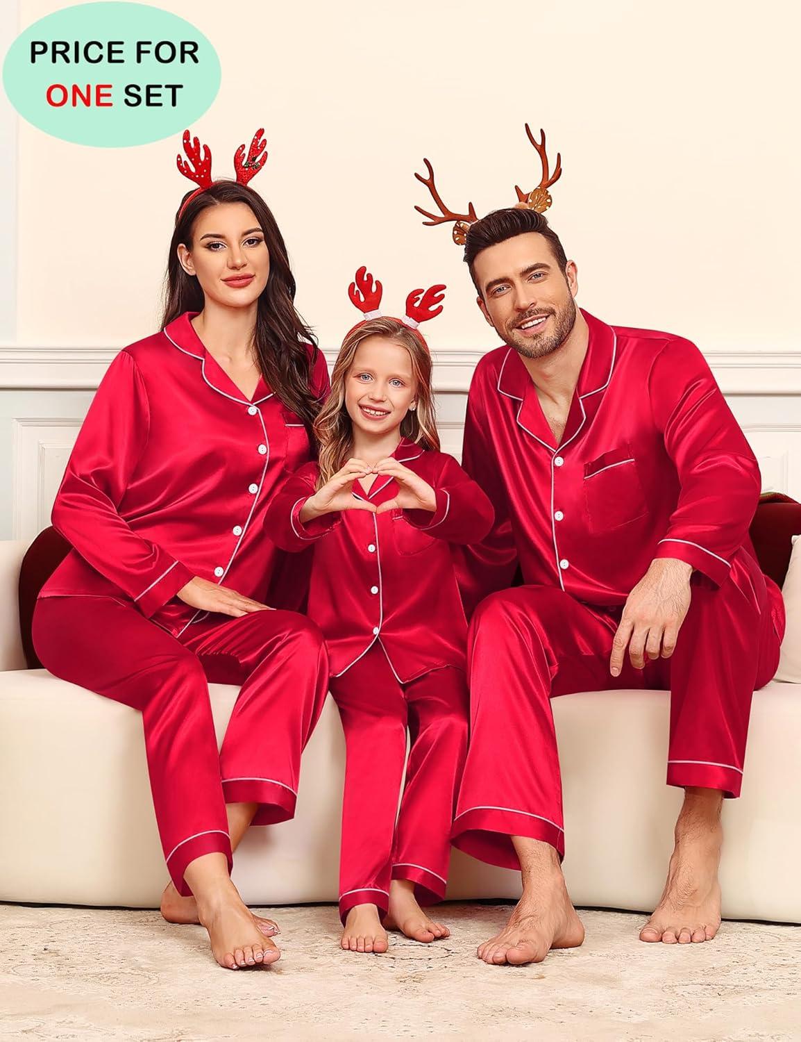 imageSWOMOG Family Matching Pajamas Set Satin Long Sleeve Button Down 2 PCS Pjs Pajama Top amp Pants Holiday Sleepwear SetRed