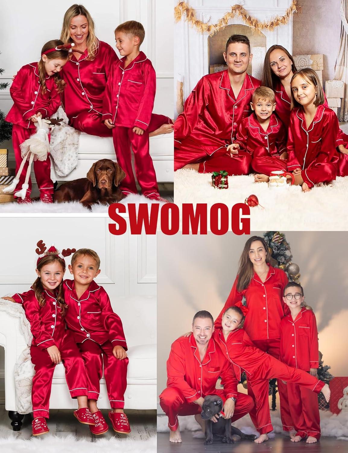 imageSWOMOG Family Matching Pajamas Set Satin Long Sleeve Button Down 2 PCS Pjs Pajama Top amp Pants Holiday Sleepwear SetRed
