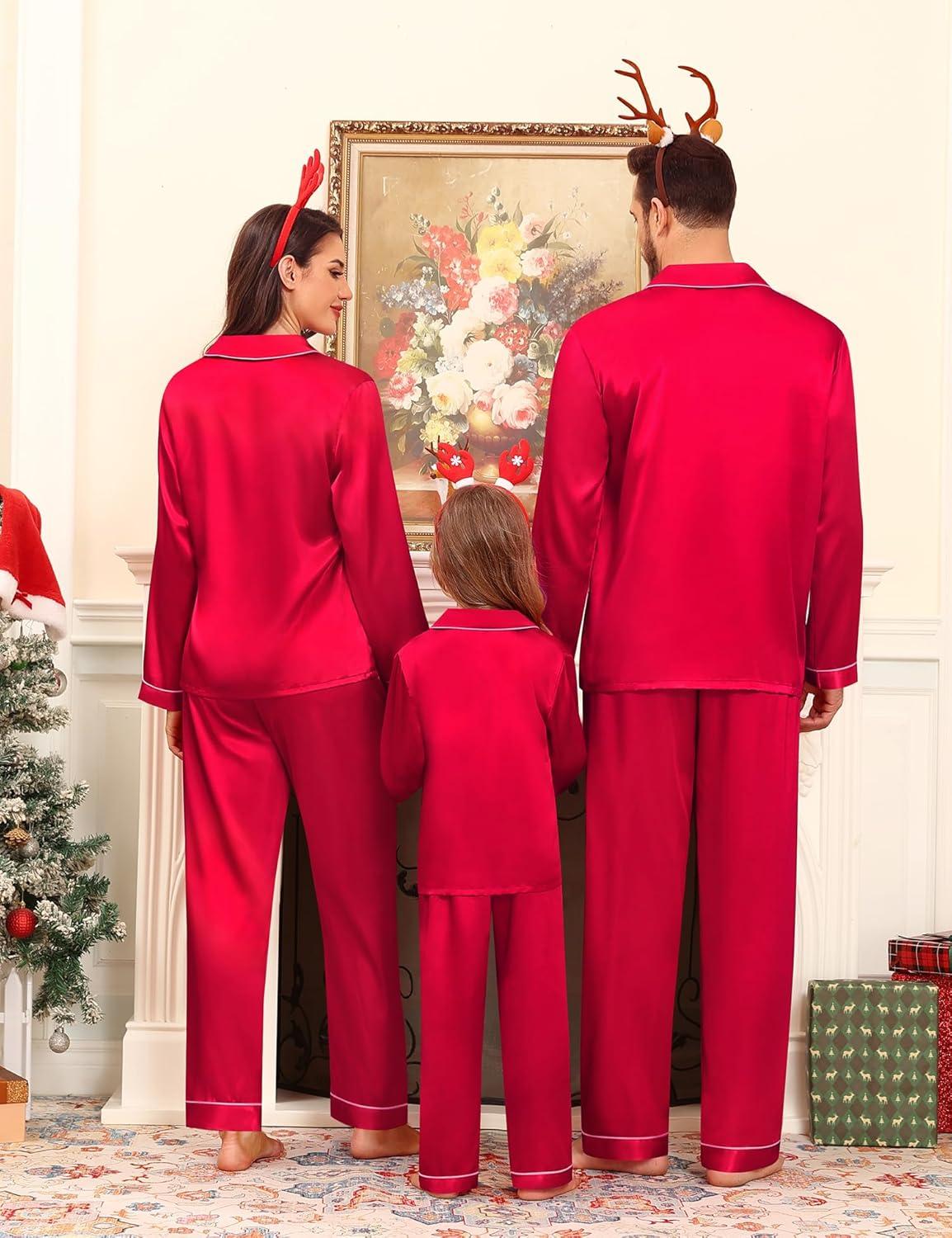 imageSWOMOG Family Matching Pajamas Set Satin Long Sleeve Button Down 2 PCS Pjs Pajama Top amp Pants Holiday Sleepwear SetRed