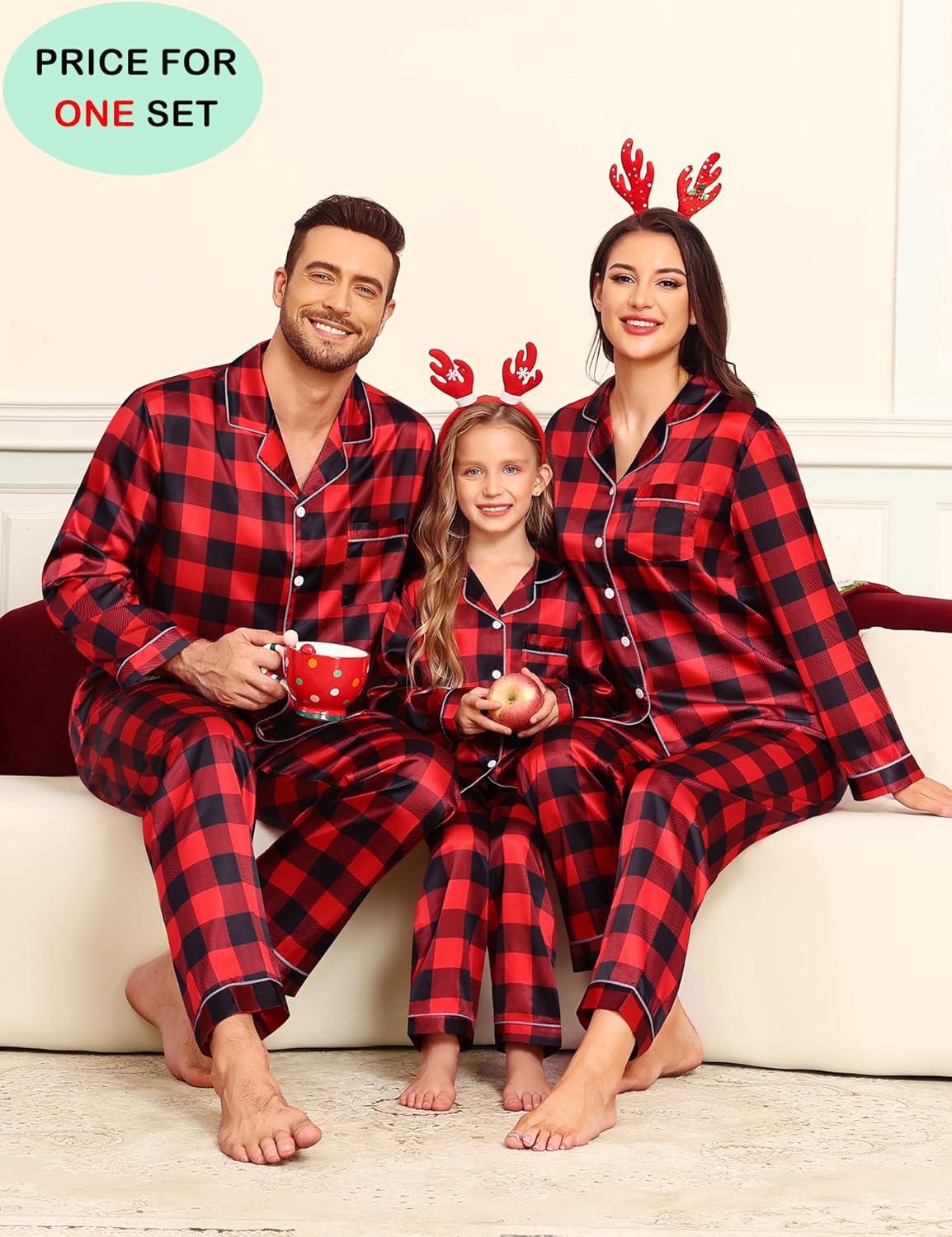 imageSWOMOG Family Matching Pajamas Set Satin Long Sleeve Button Down 2 PCS Pjs Pajama Top amp Pants Holiday Sleepwear SetRed With Black Grid