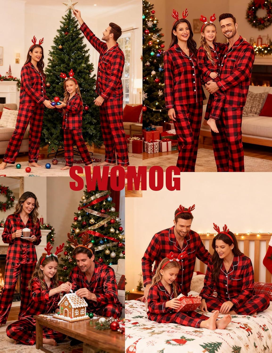 imageSWOMOG Family Matching Pajamas Set Satin Long Sleeve Button Down 2 PCS Pjs Pajama Top amp Pants Holiday Sleepwear SetRed With Black Grid