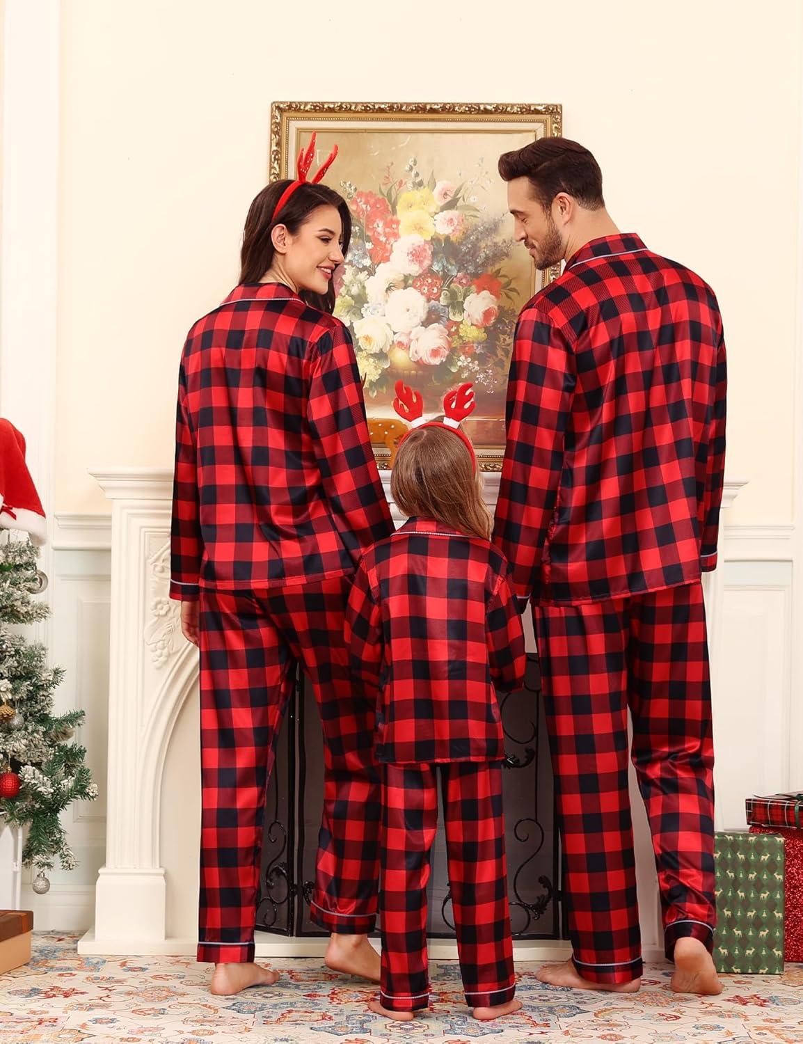 imageSWOMOG Family Matching Pajamas Set Satin Long Sleeve Button Down 2 PCS Pjs Pajama Top amp Pants Holiday Sleepwear SetRed With Black Grid