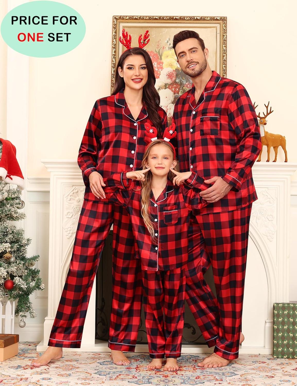 imageSWOMOG Family Matching Pajamas Set Satin Long Sleeve Button Down 2 PCS Pjs Pajama Top amp Pants Holiday Sleepwear SetRed With Black Grid