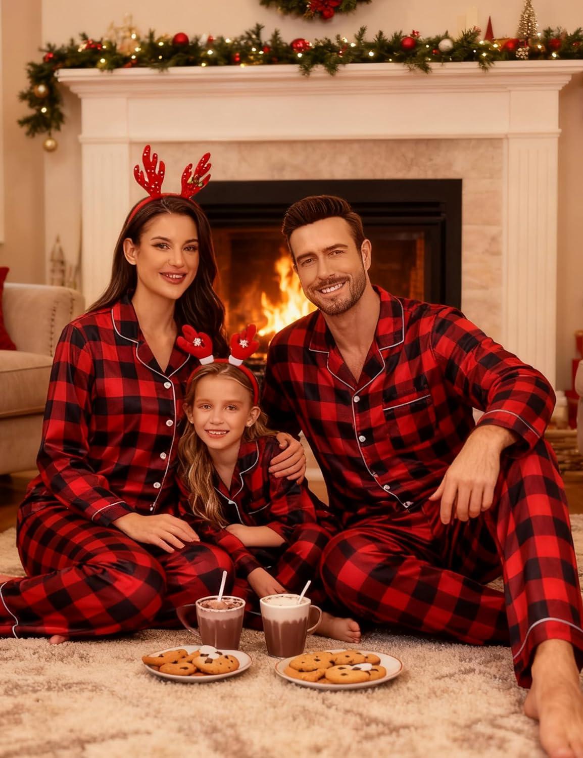 imageSWOMOG Family Matching Pajamas Set Satin Long Sleeve Button Down 2 PCS Pjs Pajama Top amp Pants Holiday Sleepwear SetRed With Black Grid