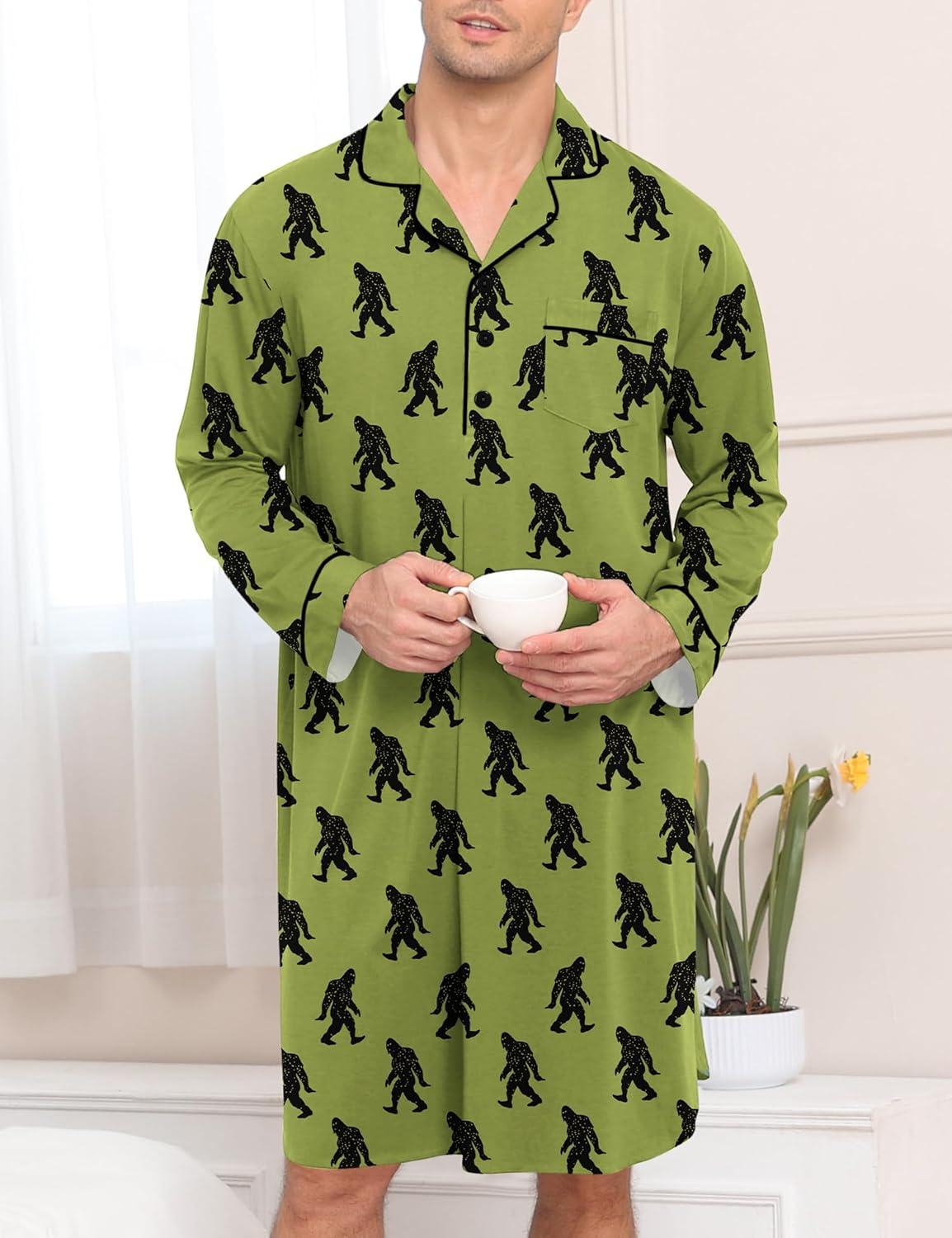 imageSWOMOG Mens Nightgown Long Sleeve Sleep Shirt Big amp Tall Nightshirt Button Down Pajama Comfy Nightwear MXXXLArmy Green Bigfoot