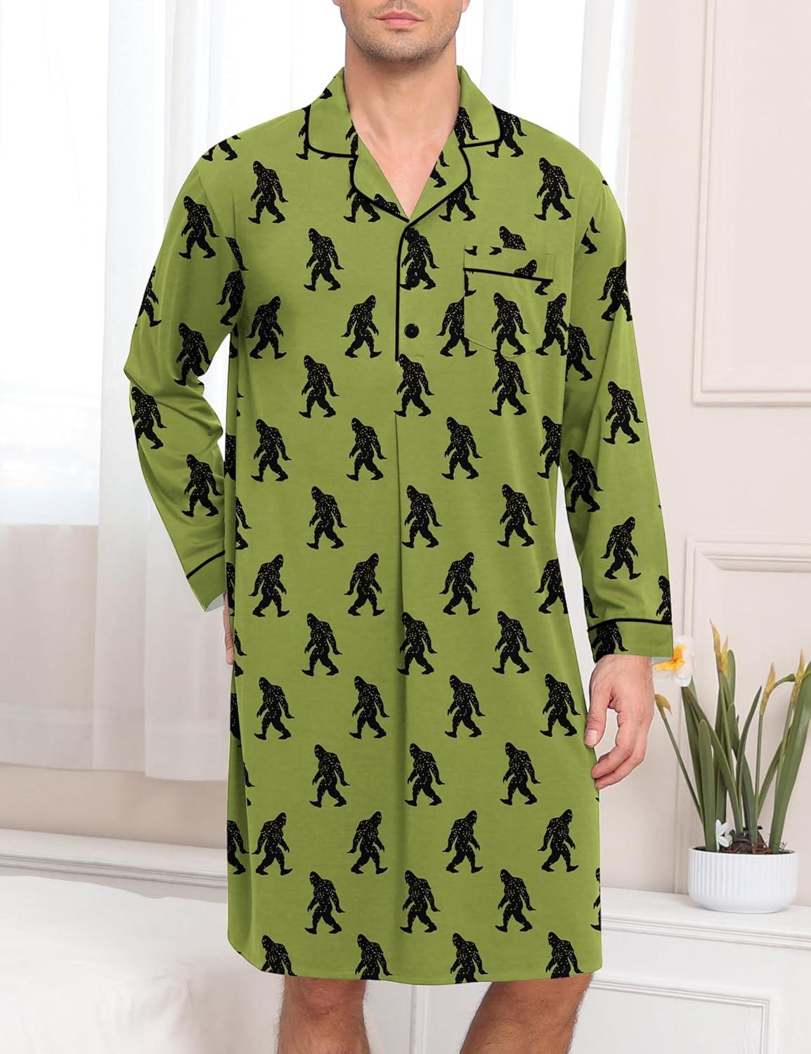 imageSWOMOG Mens Nightgown Long Sleeve Sleep Shirt Big amp Tall Nightshirt Button Down Pajama Comfy Nightwear MXXXLArmy Green Bigfoot
