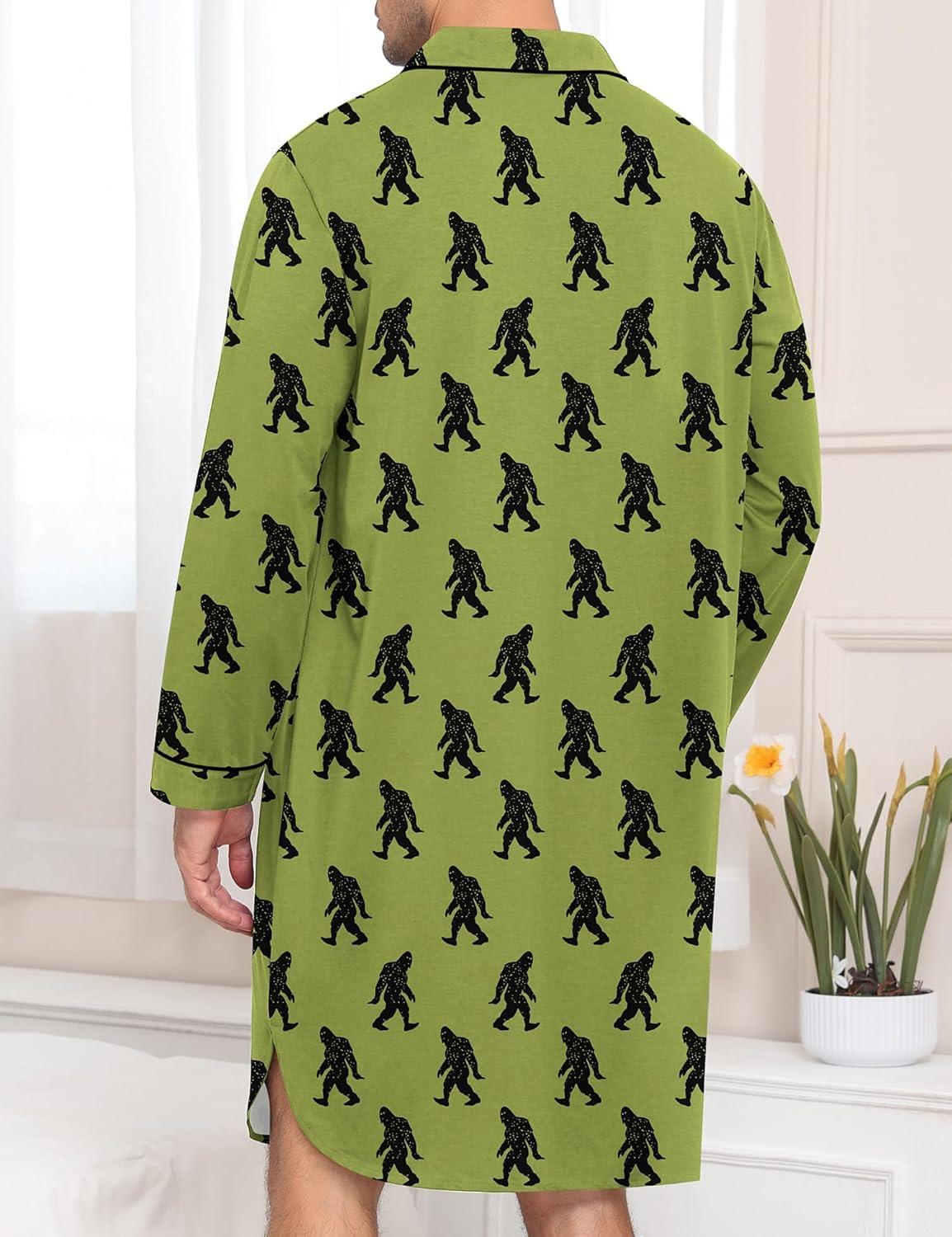 imageSWOMOG Mens Nightgown Long Sleeve Sleep Shirt Big amp Tall Nightshirt Button Down Pajama Comfy Nightwear MXXXLArmy Green Bigfoot