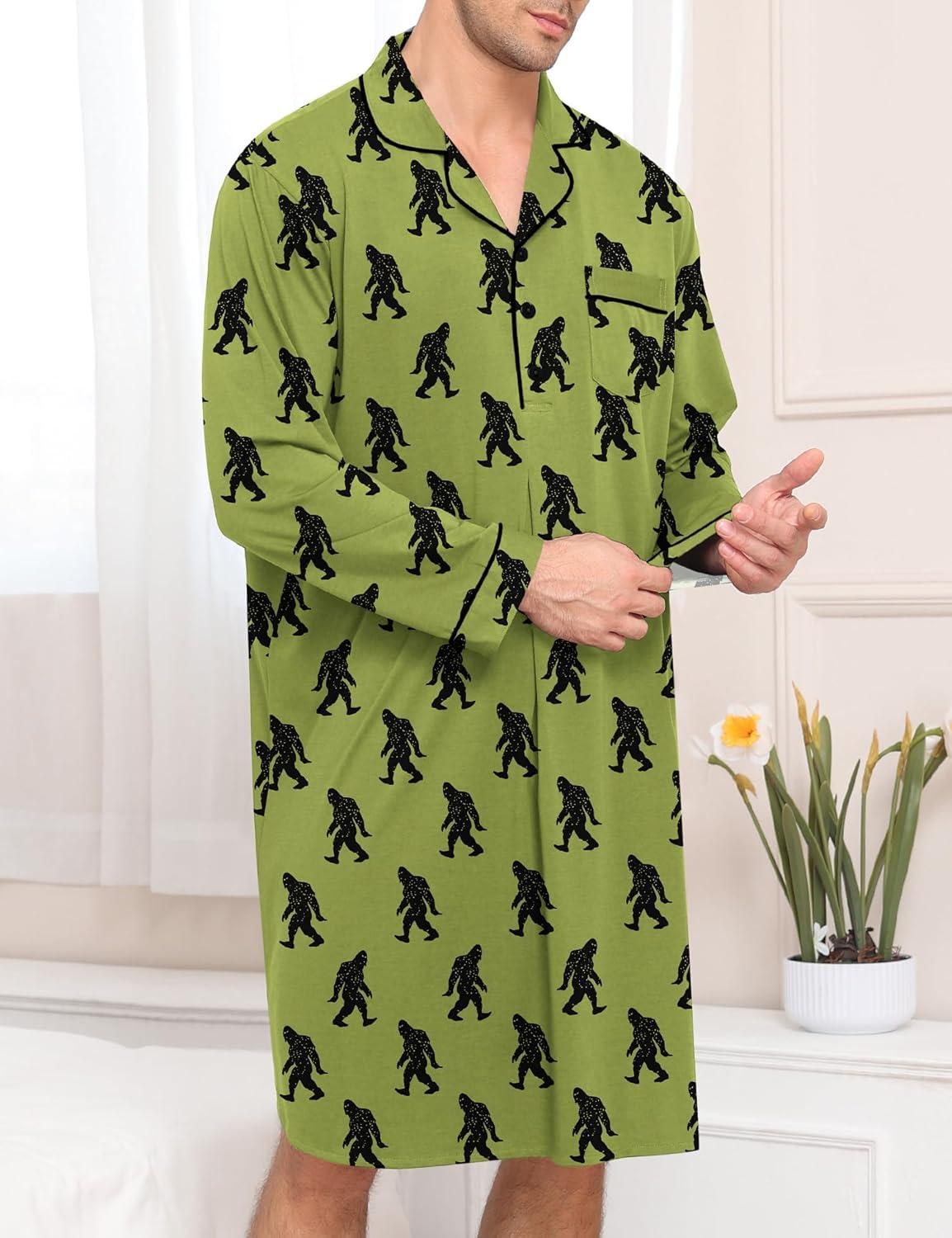 imageSWOMOG Mens Nightgown Long Sleeve Sleep Shirt Big amp Tall Nightshirt Button Down Pajama Comfy Nightwear MXXXLArmy Green Bigfoot
