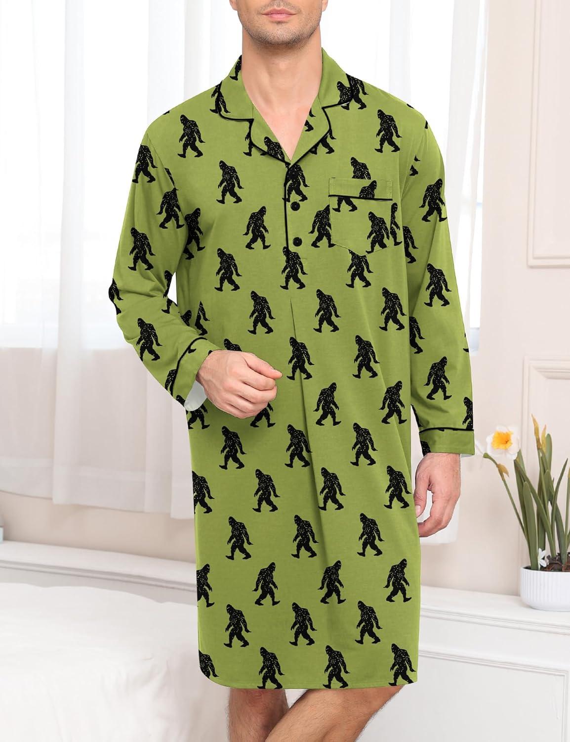 imageSWOMOG Mens Nightgown Long Sleeve Sleep Shirt Big amp Tall Nightshirt Button Down Pajama Comfy Nightwear MXXXLArmy Green Bigfoot