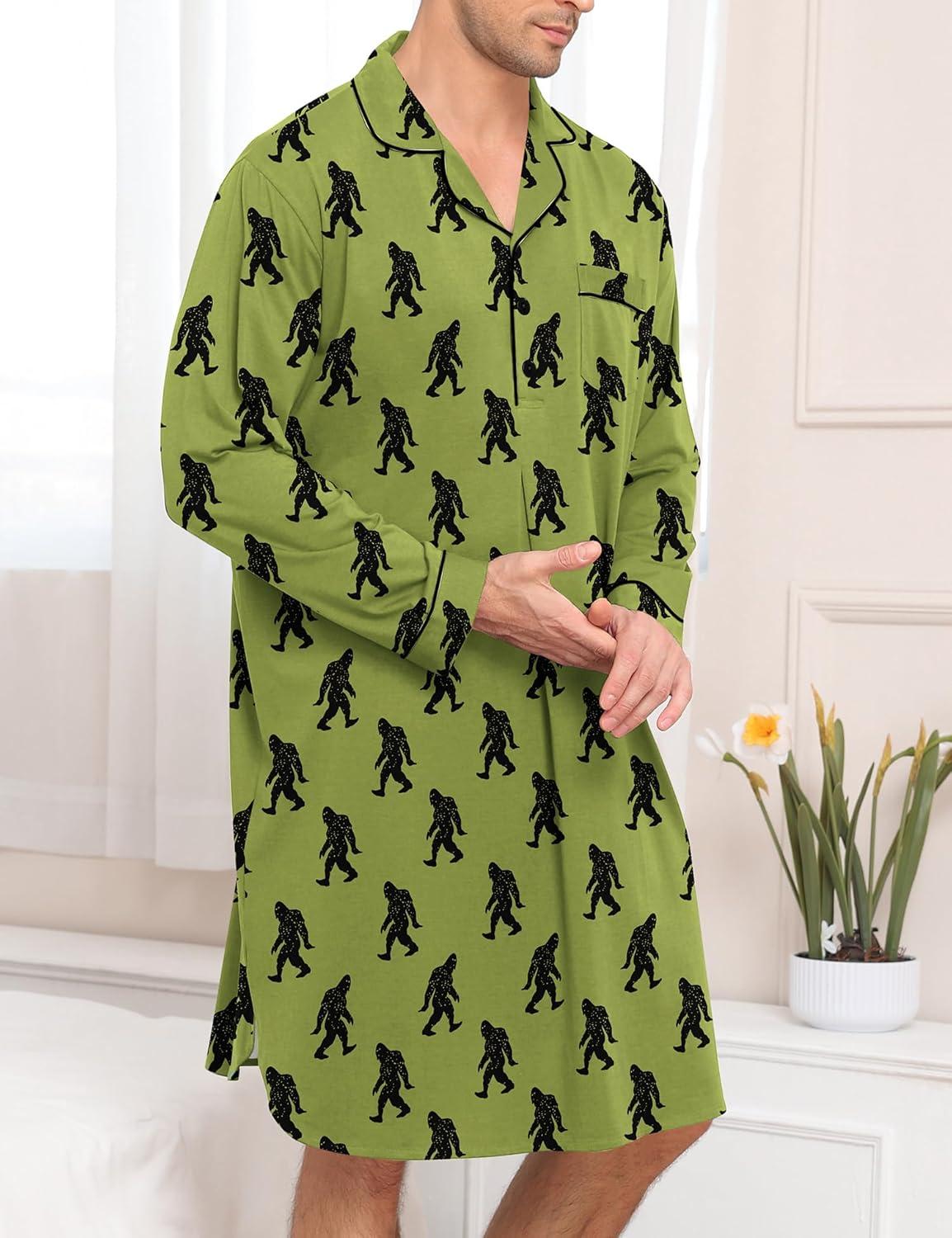 imageSWOMOG Mens Nightgown Long Sleeve Sleep Shirt Big amp Tall Nightshirt Button Down Pajama Comfy Nightwear MXXXLArmy Green Bigfoot