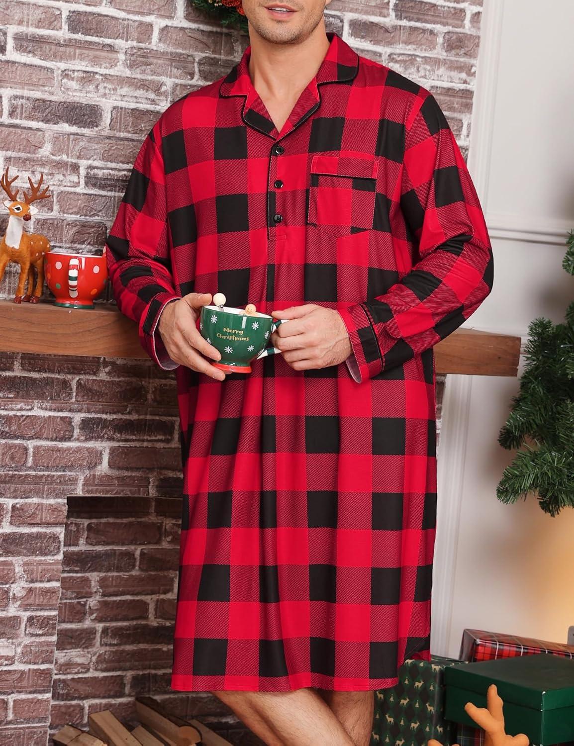 imageSWOMOG Mens Nightgown Long Sleeve Sleep Shirt Big amp Tall Nightshirt Button Down Pajama Comfy Nightwear MXXXLRed Black Plaid