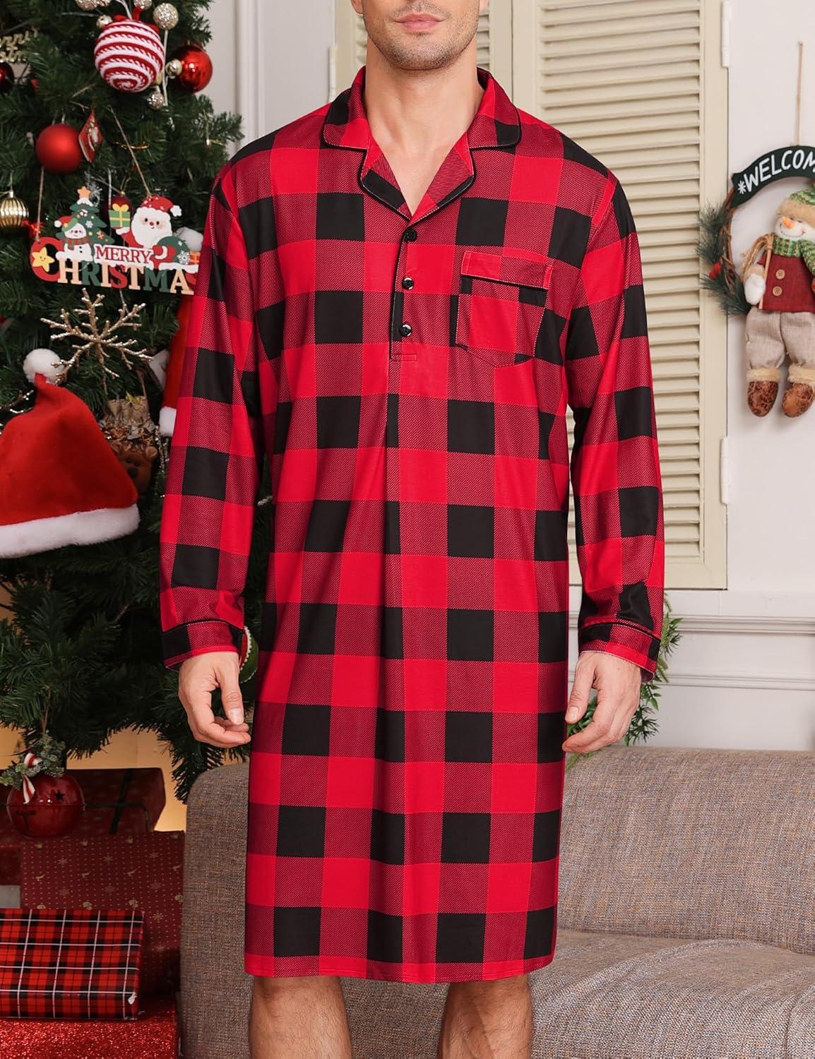 imageSWOMOG Mens Nightgown Long Sleeve Sleep Shirt Big amp Tall Nightshirt Button Down Pajama Comfy Nightwear MXXXLRed Black Plaid