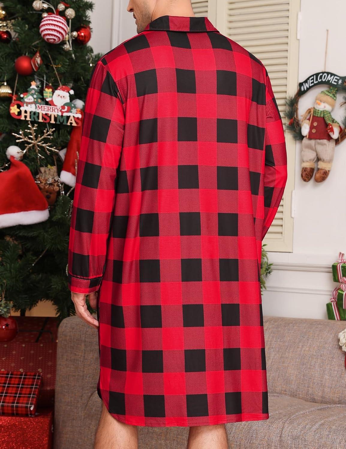 imageSWOMOG Mens Nightgown Long Sleeve Sleep Shirt Big amp Tall Nightshirt Button Down Pajama Comfy Nightwear MXXXLRed Black Plaid
