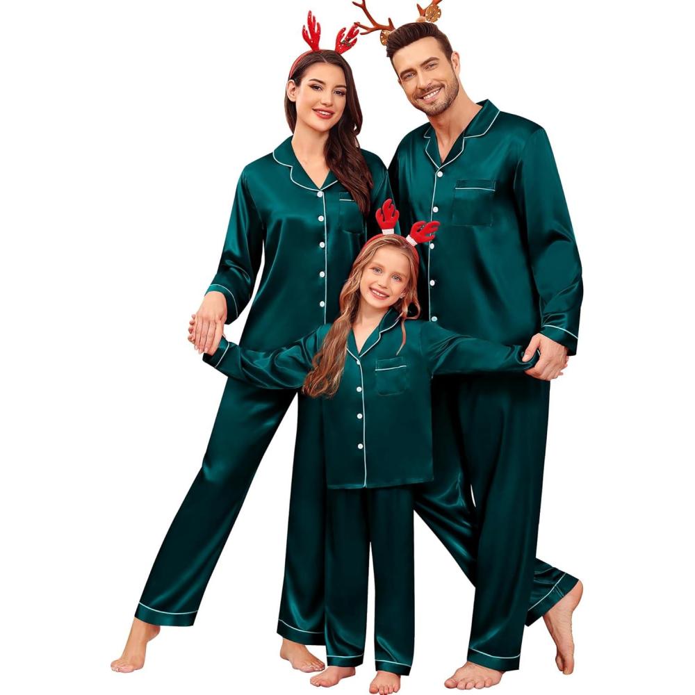 imageSWOMOG Family Matching Pajamas Set Satin Long Sleeve Button Down 2 PCS Pjs Pajama Top amp Pants Holiday Sleepwear SetDeep Green