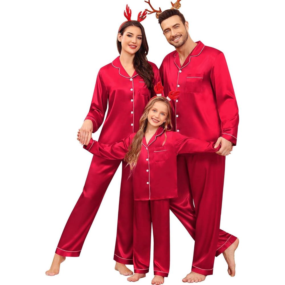 imageSWOMOG Family Matching Pajamas Set Satin Long Sleeve Button Down 2 PCS Pjs Pajama Top amp Pants Holiday Sleepwear SetRed