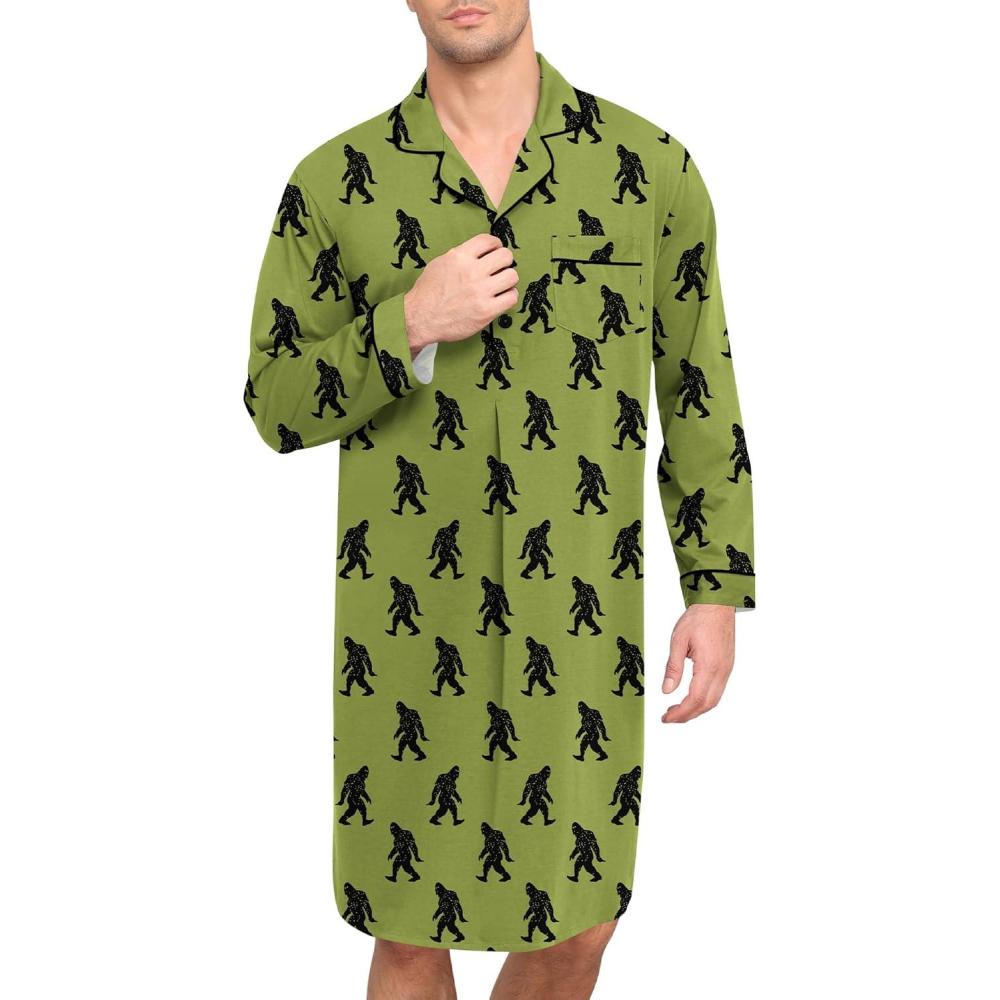 imageSWOMOG Mens Nightgown Long Sleeve Sleep Shirt Big amp Tall Nightshirt Button Down Pajama Comfy Nightwear MXXXLArmy Green Bigfoot