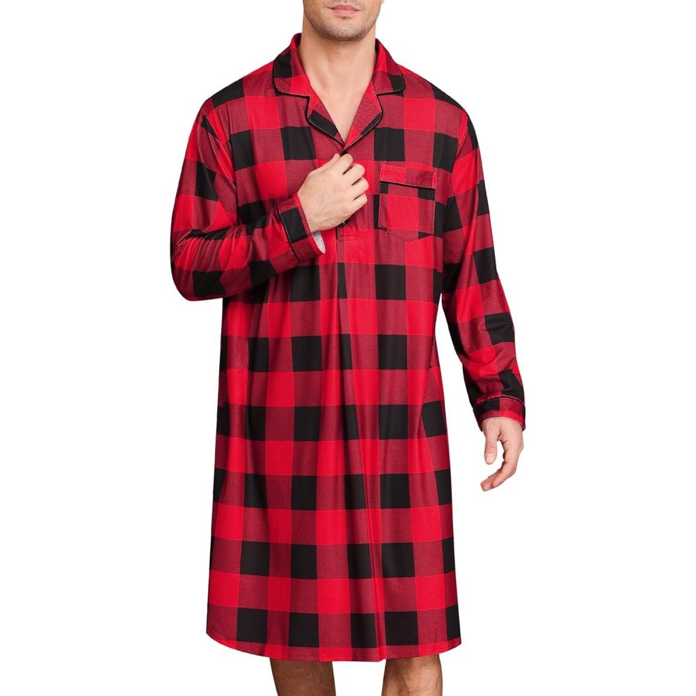 imageSWOMOG Mens Nightgown Long Sleeve Sleep Shirt Big amp Tall Nightshirt Button Down Pajama Comfy Nightwear MXXXLRed Black Plaid