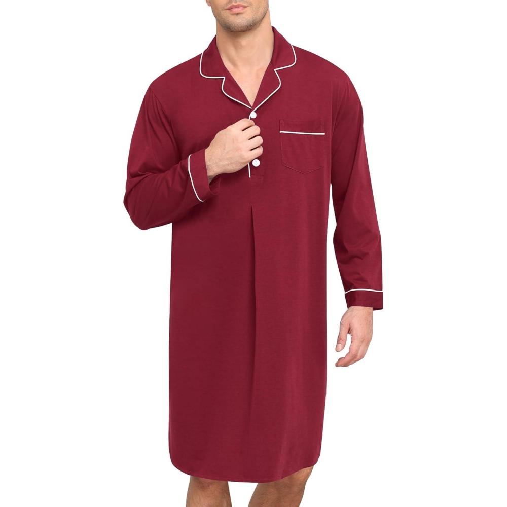 imageSWOMOG Mens Nightgown Long Sleeve Sleep Shirt Big amp Tall Nightshirt Button Down Pajama Comfy Nightwear MXXXLWine Red