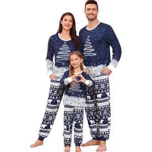 SWOMOG Family Christmas Pajamas Matching Sets Holiday Christmas Jammies Christmas PJs Matching Xmas Pjs for Adults Kids Blue Christmas Tree Men Large