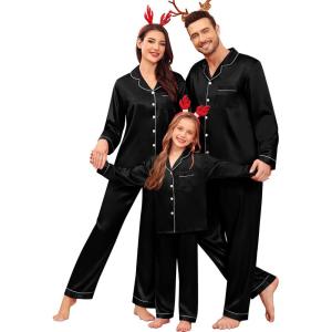 SWOMOG Family Matching Pajamas Set Satin Long Sleeve Button Down 2 PCS Pjs Pajama Top & Pants Holiday Sleepwear Set(Black)