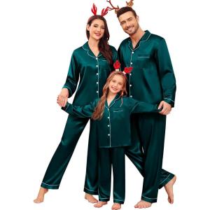 SWOMOG Family Matching Pajamas Set Satin Long Sleeve Button Down 2 PCS Pjs Pajama Top & Pants Holiday Sleepwear Set(Deep Green)