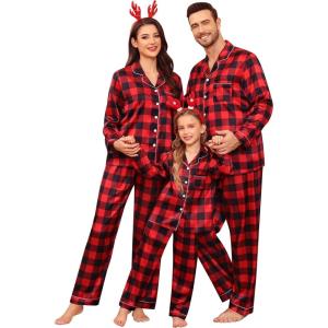 SWOMOG Family Matching Pajamas Set Satin Long Sleeve Button Down 2 PCS Pjs Pajama Top & Pants Holiday Sleepwear Set(Red With Black Grid)