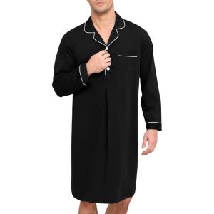 SWOMOG Mens Nightgown Long Sleeve Sleep Shirt Big & Tall Nightshirt Button Down Pajama Comfy Nightwear M-XXXL(Black)