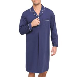 SWOMOG Mens Nightgown Long Sleeve Sleep Shirt Big & Tall Nightshirt Button Down Pajama Comfy Nightwear M-XXXL(Navy Blue)