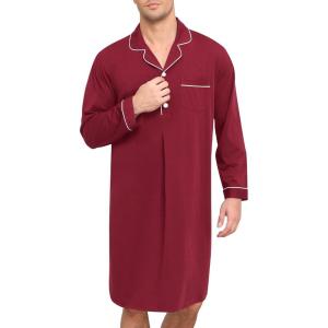 SWOMOG Mens Nightgown Long Sleeve Sleep Shirt Big & Tall Nightshirt Button Down Pajama Comfy Nightwear M-XXXL(Wine Red)