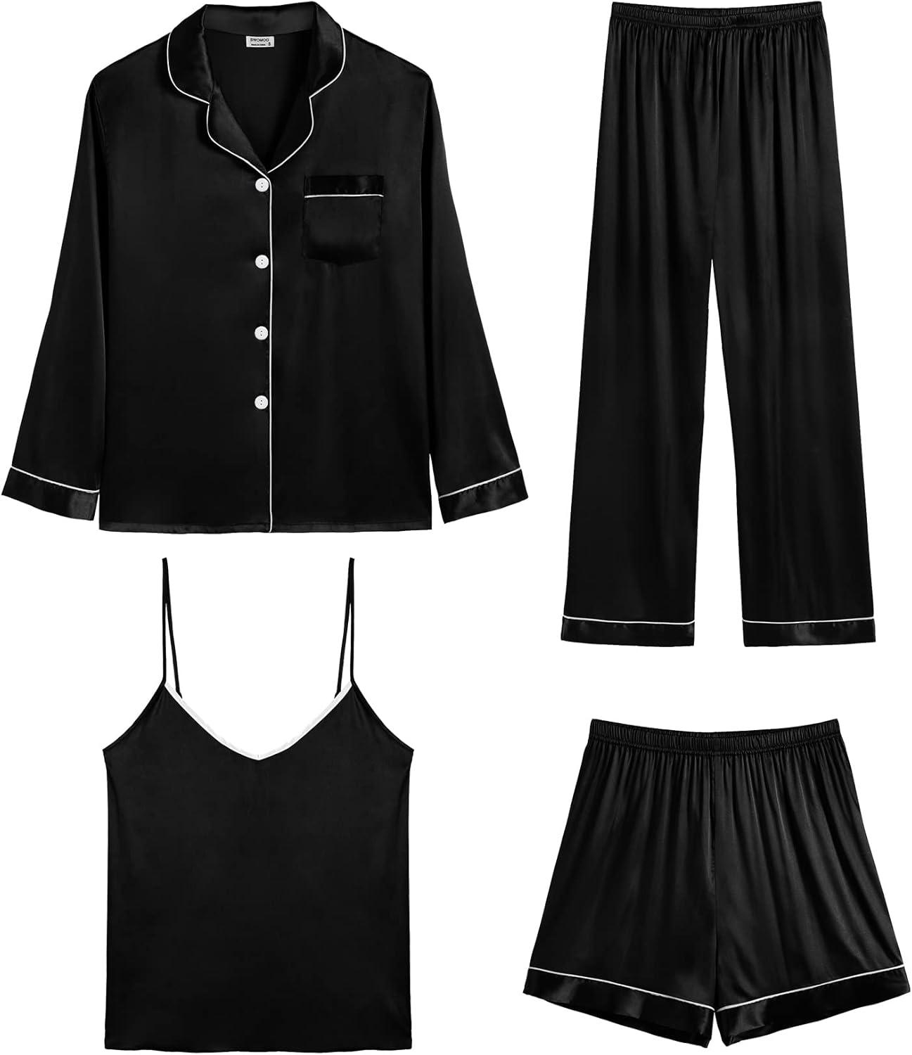 imageSWOMOG Womens 4pcs Pajamas Sets Silk Satin Pjs Sexy Cami Shorts Set Button Down Long Short Sleeve Sleepwear LoungewearBlack