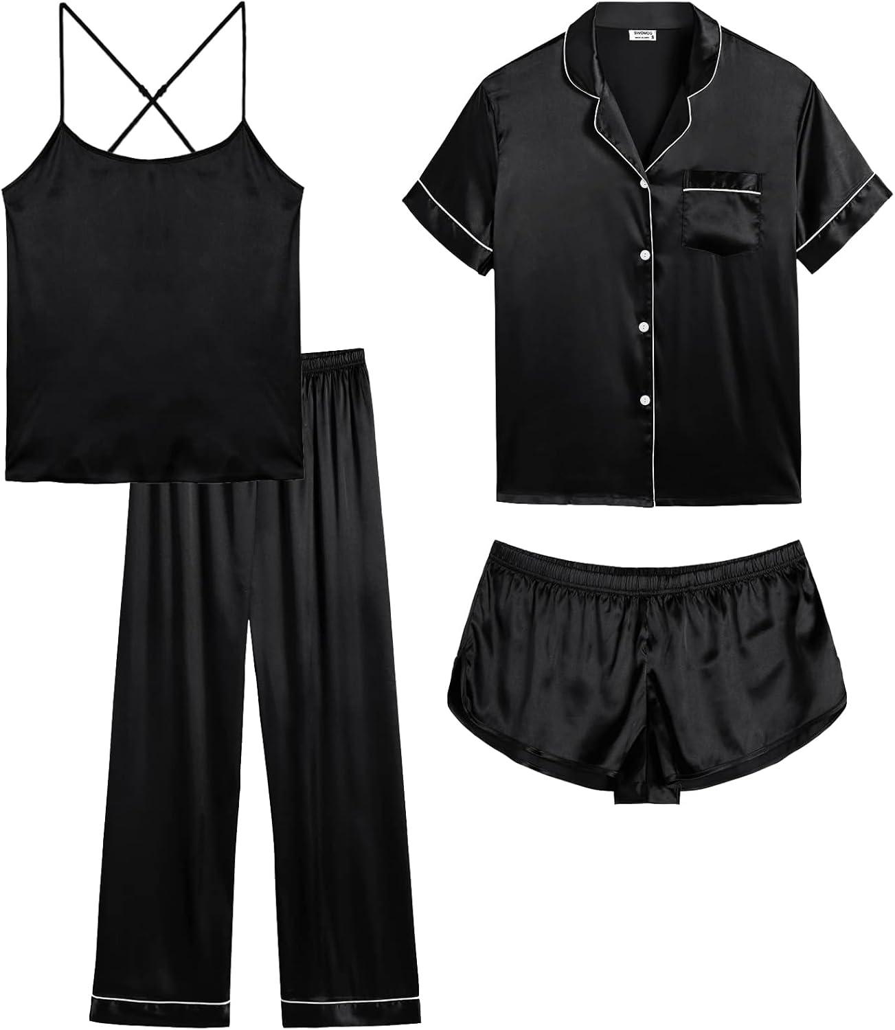 imageSWOMOG Womens 4pcs Pajamas Sets Silk Satin Pjs Sexy Cami Shorts Set Button Down Long Short Sleeve Sleepwear LoungewearBlack