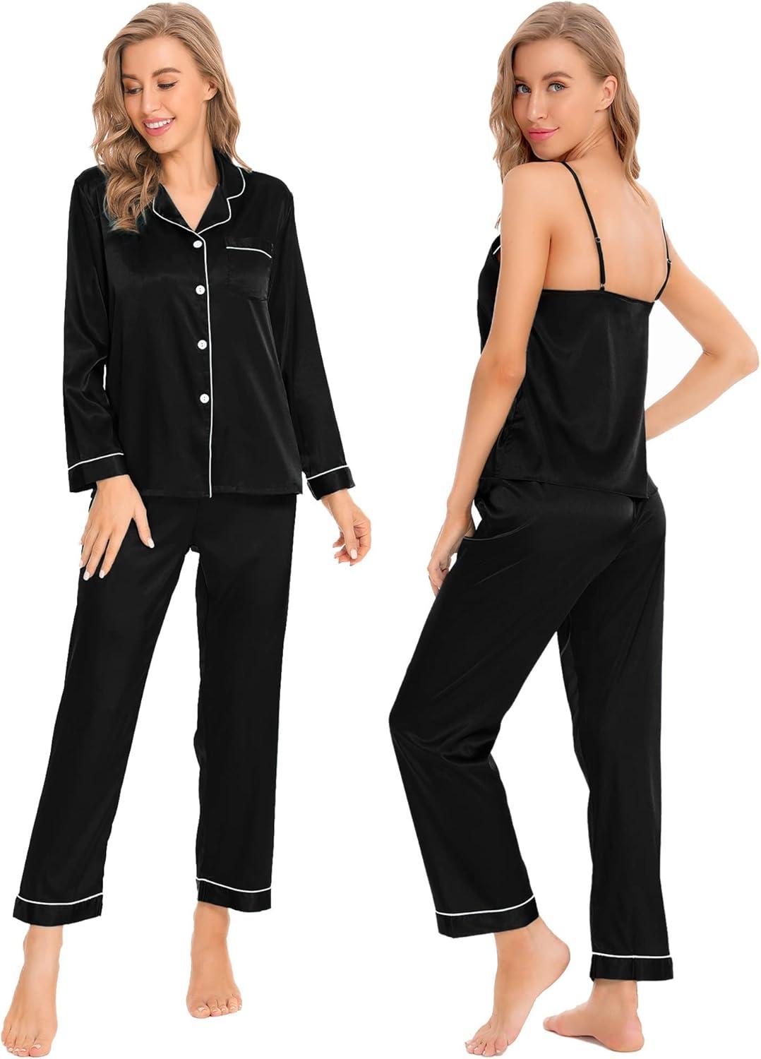 imageSWOMOG Womens 4pcs Pajamas Sets Silk Satin Pjs Sexy Cami Shorts Set Button Down Long Short Sleeve Sleepwear LoungewearBlack