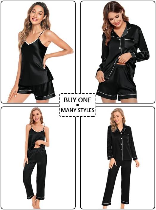imageSWOMOG Womens 4pcs Pajamas Sets Silk Satin Pjs Sexy Cami Shorts Set Button Down Long Short Sleeve Sleepwear LoungewearBlack