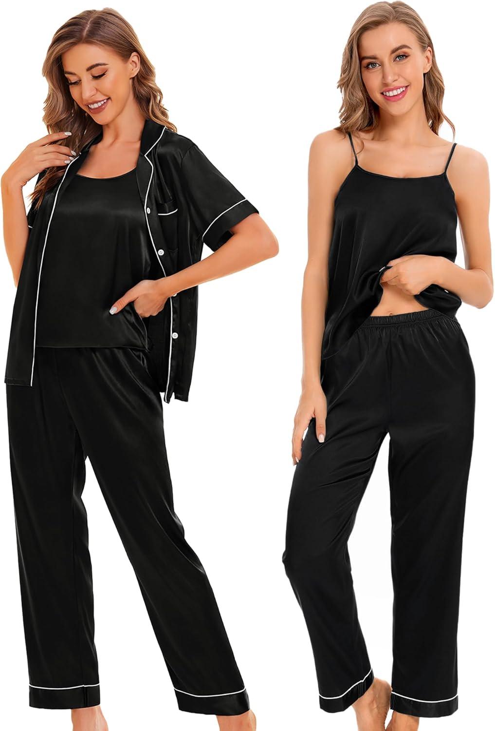 imageSWOMOG Womens 4pcs Pajamas Sets Silk Satin Pjs Sexy Cami Shorts Set Button Down Long Short Sleeve Sleepwear LoungewearBlack