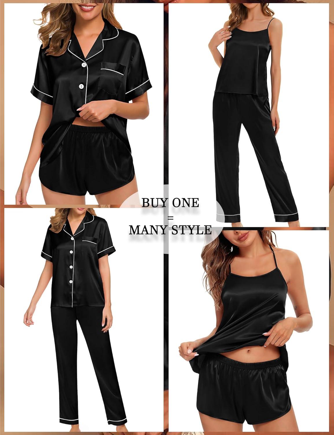 imageSWOMOG Womens 4pcs Pajamas Sets Silk Satin Pjs Sexy Cami Shorts Set Button Down Long Short Sleeve Sleepwear LoungewearBlack