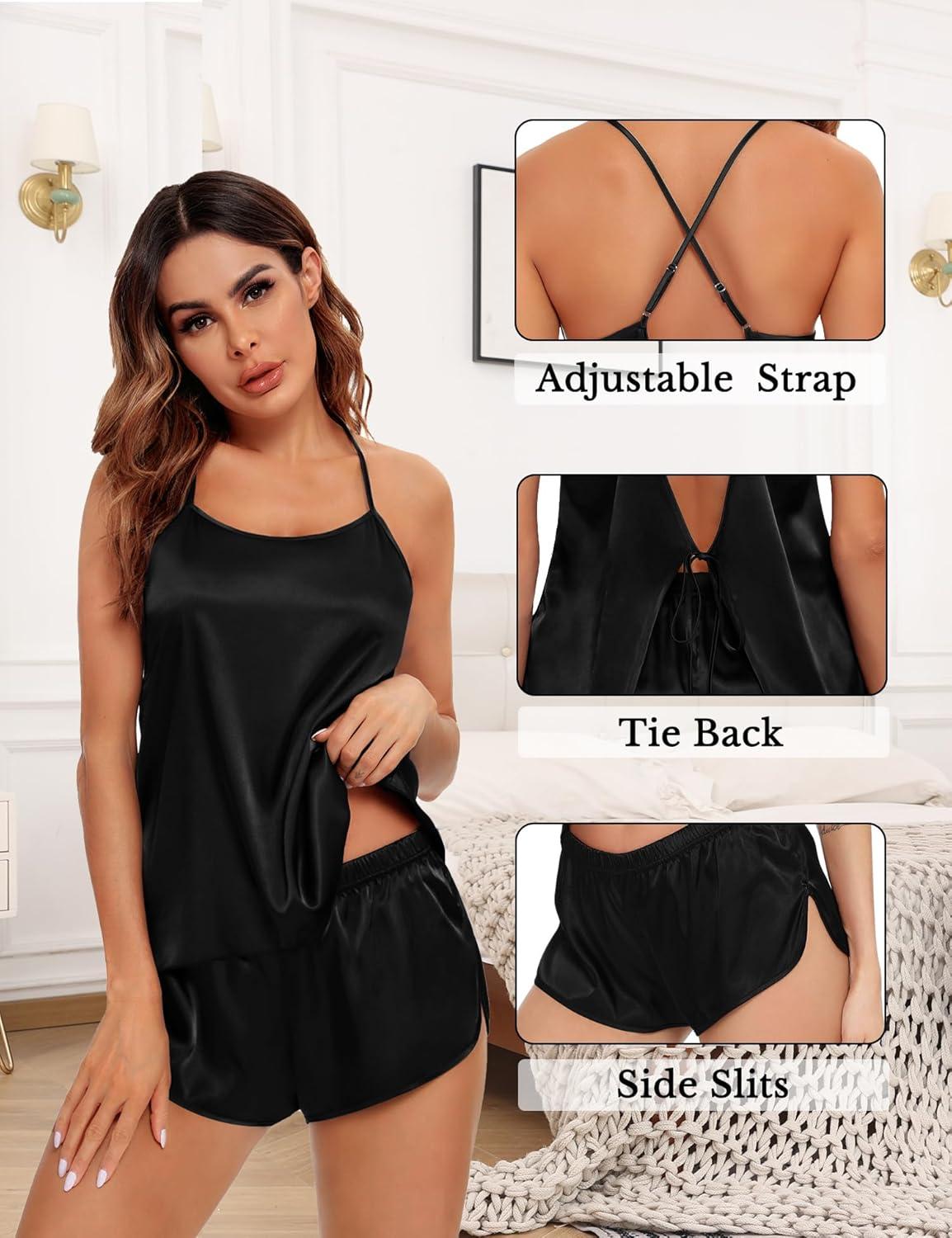 imageSWOMOG Womens 4pcs Pajamas Sets Silk Satin Pjs Sexy Cami Shorts Set Button Down Long Short Sleeve Sleepwear LoungewearBlack