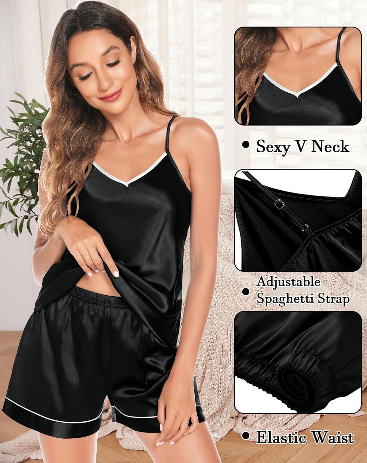imageSWOMOG Womens 4pcs Pajamas Sets Silk Satin Pjs Sexy Cami Shorts Set Button Down Long Short Sleeve Sleepwear LoungewearBlack