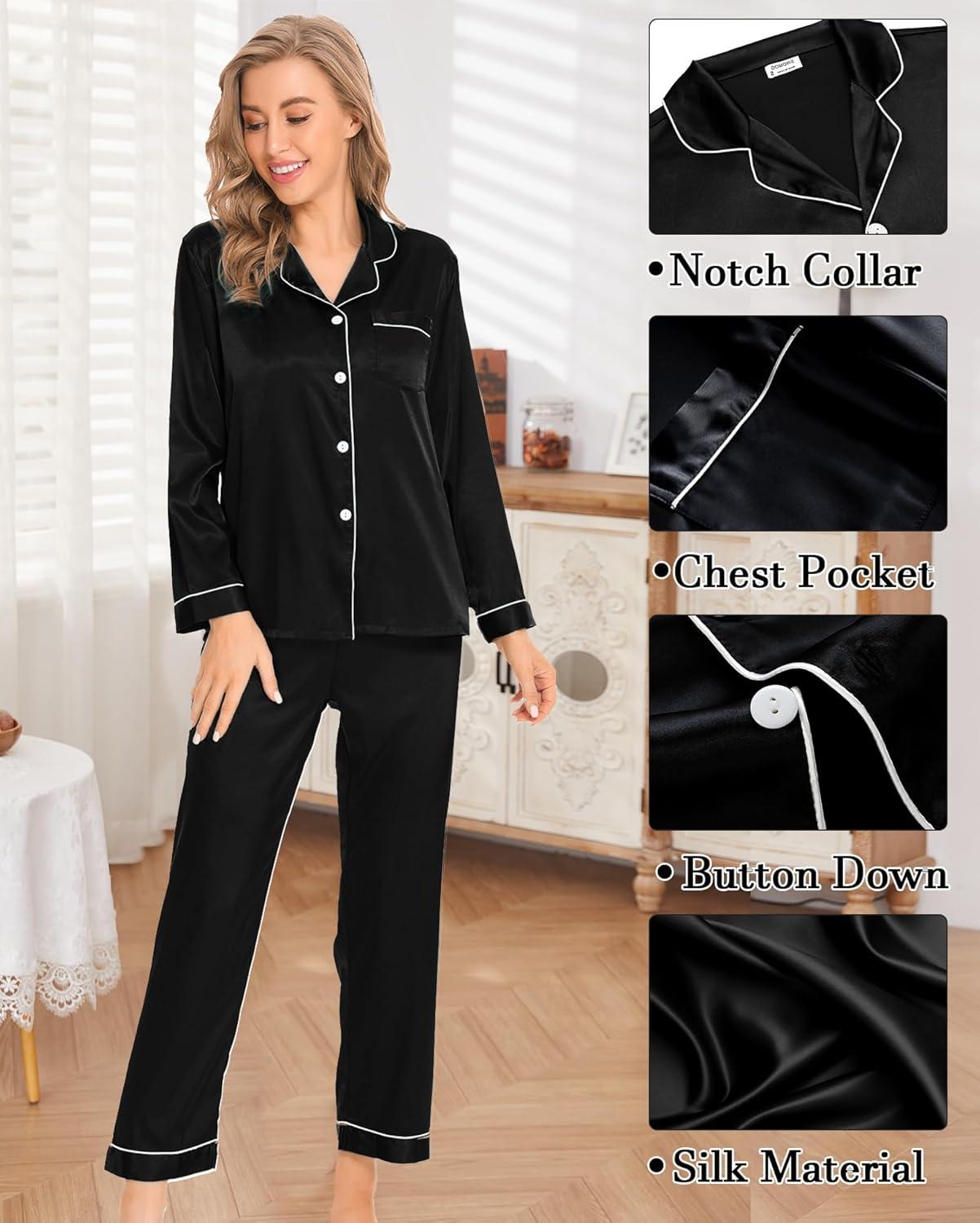 imageSWOMOG Womens 4pcs Pajamas Sets Silk Satin Pjs Sexy Cami Shorts Set Button Down Long Short Sleeve Sleepwear LoungewearBlack