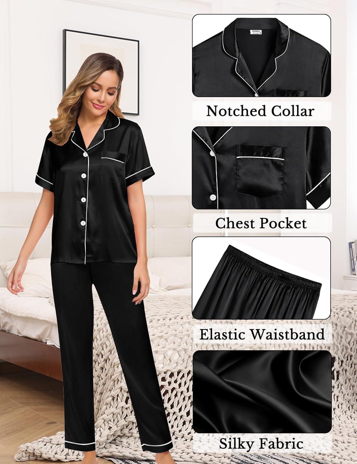 imageSWOMOG Womens 4pcs Pajamas Sets Silk Satin Pjs Sexy Cami Shorts Set Button Down Long Short Sleeve Sleepwear LoungewearBlack
