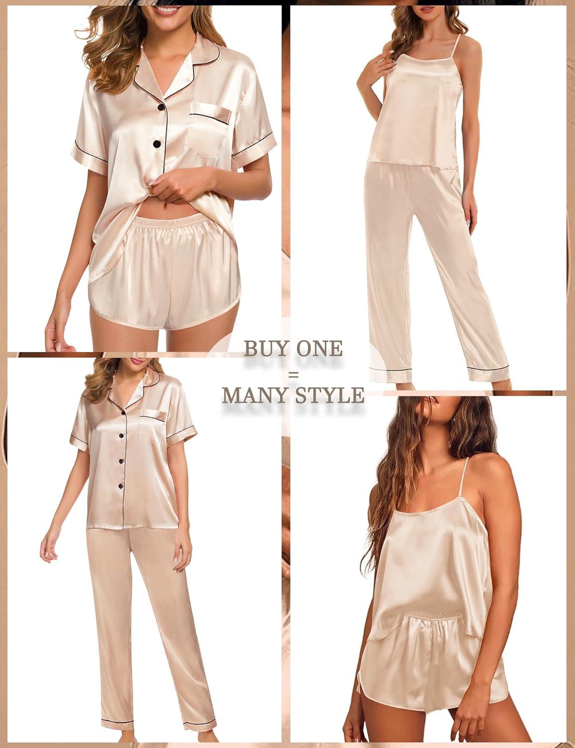 imageSWOMOG Womens 4pcs Pajamas Sets Silk Satin Pjs Sexy Cami Shorts Set Button Down Long Short Sleeve Sleepwear LoungewearChampagne