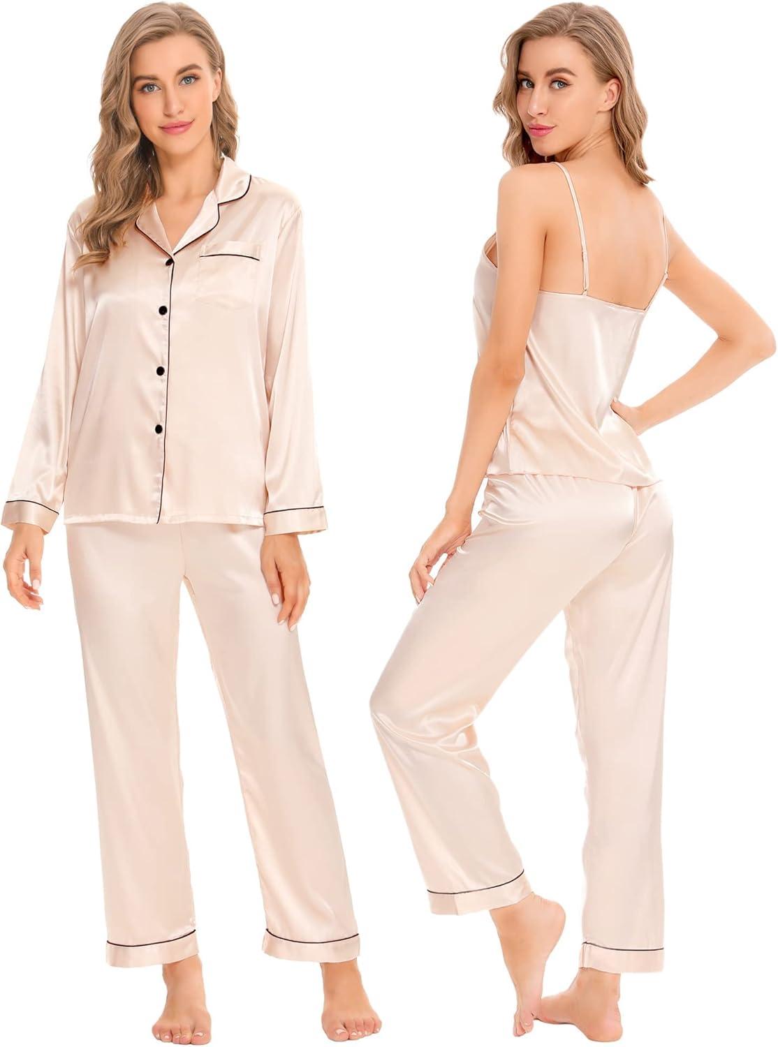 imageSWOMOG Womens 4pcs Pajamas Sets Silk Satin Pjs Sexy Cami Shorts Set Button Down Long Short Sleeve Sleepwear LoungewearChampagne
