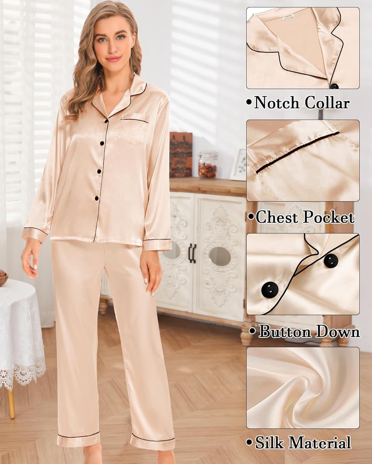 imageSWOMOG Womens 4pcs Pajamas Sets Silk Satin Pjs Sexy Cami Shorts Set Button Down Long Short Sleeve Sleepwear LoungewearChampagne