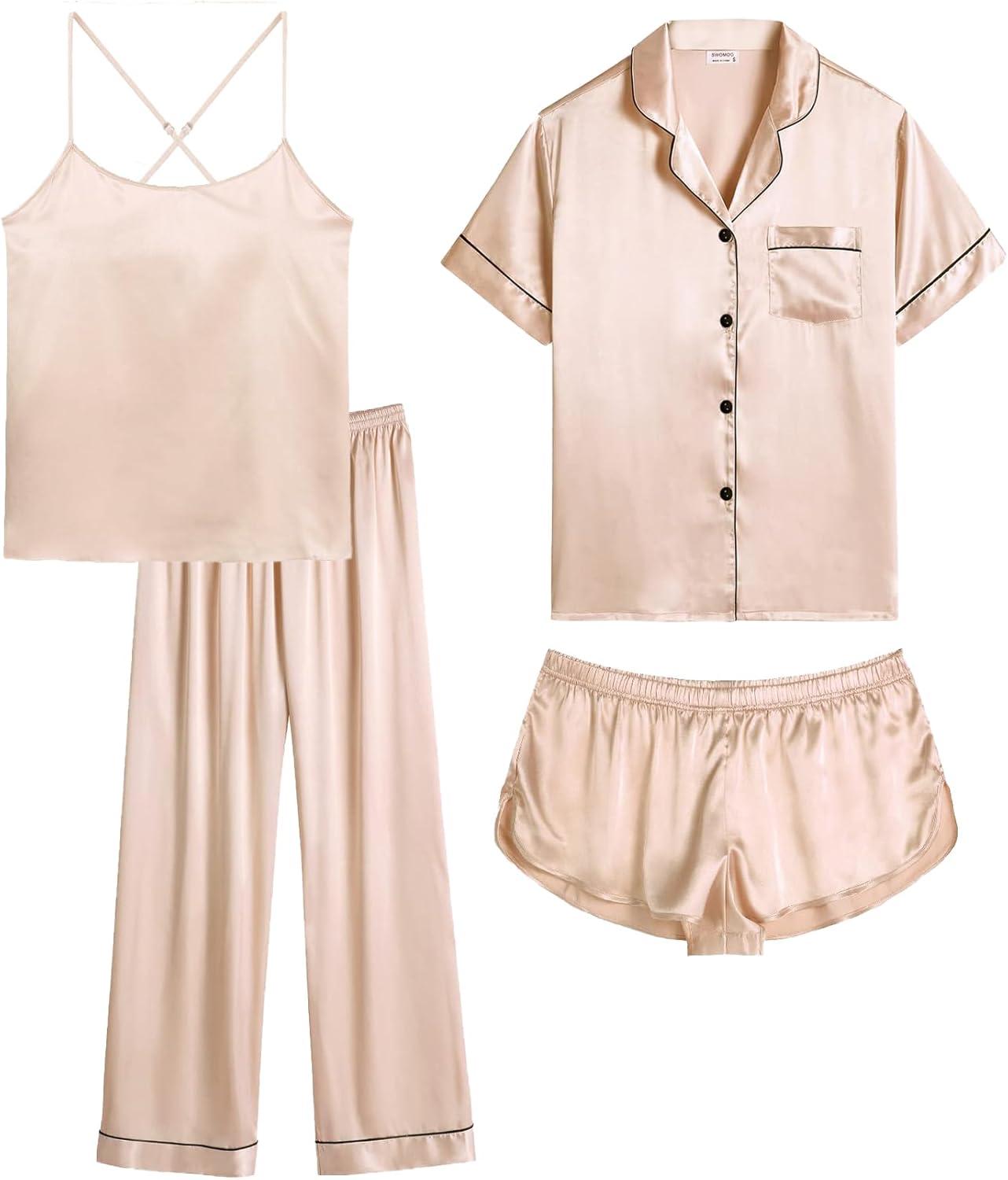 imageSWOMOG Womens 4pcs Pajamas Sets Silk Satin Pjs Sexy Cami Shorts Set Button Down Long Short Sleeve Sleepwear LoungewearChampagne