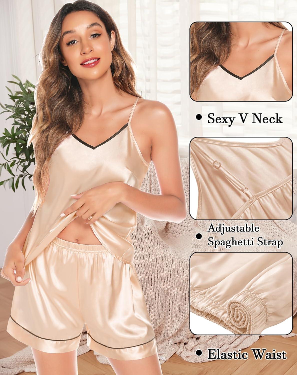 imageSWOMOG Womens 4pcs Pajamas Sets Silk Satin Pjs Sexy Cami Shorts Set Button Down Long Short Sleeve Sleepwear LoungewearChampagne
