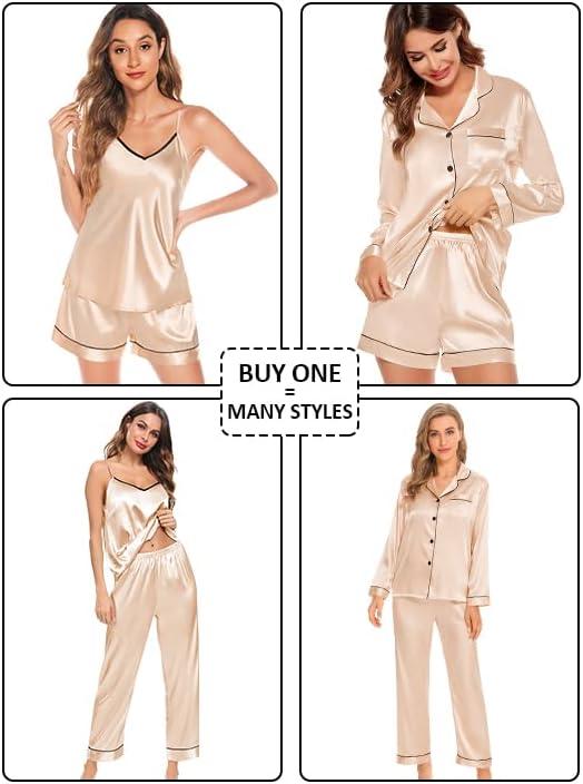 imageSWOMOG Womens 4pcs Pajamas Sets Silk Satin Pjs Sexy Cami Shorts Set Button Down Long Short Sleeve Sleepwear LoungewearChampagne