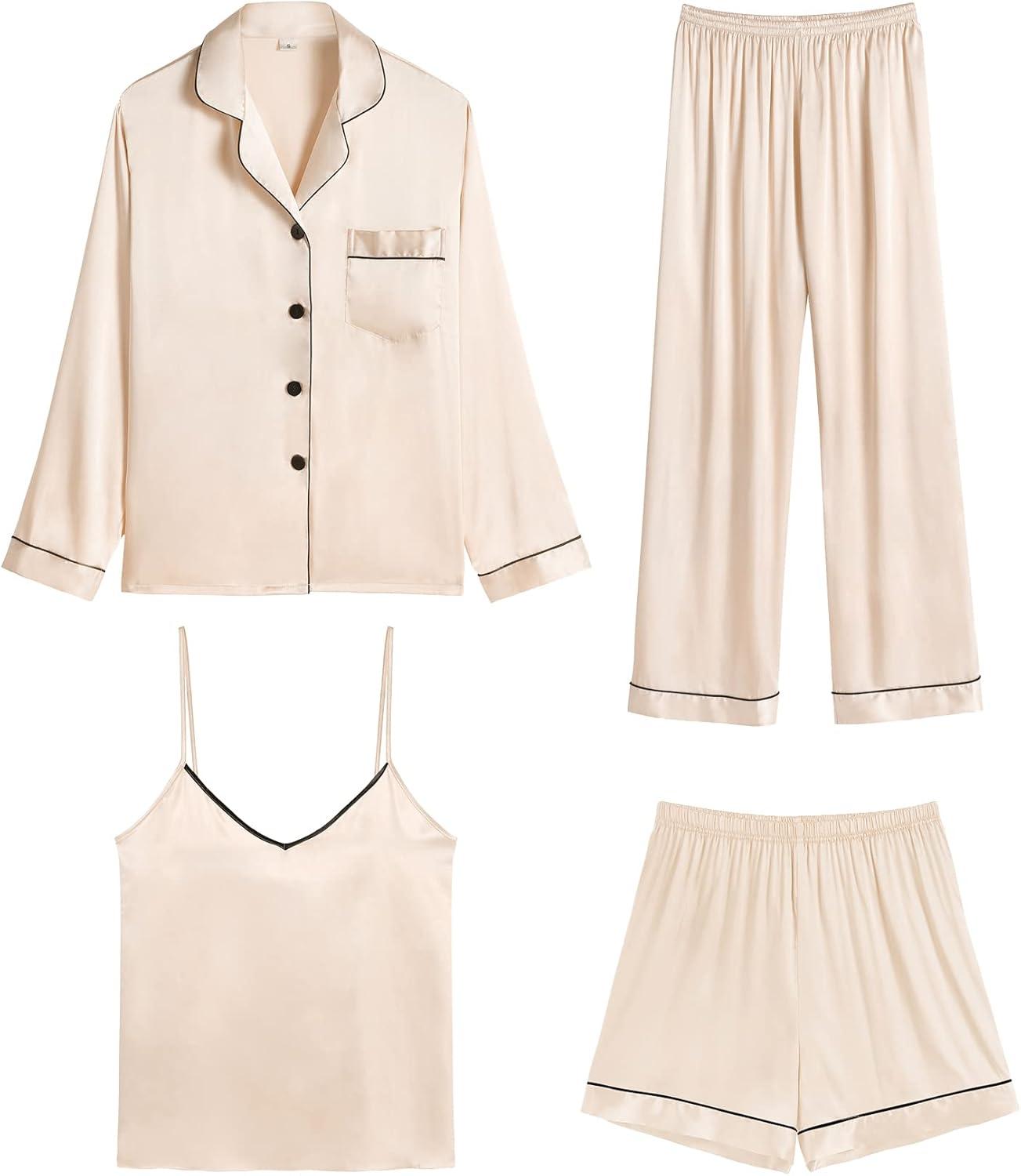 imageSWOMOG Womens 4pcs Pajamas Sets Silk Satin Pjs Sexy Cami Shorts Set Button Down Long Short Sleeve Sleepwear LoungewearChampagne
