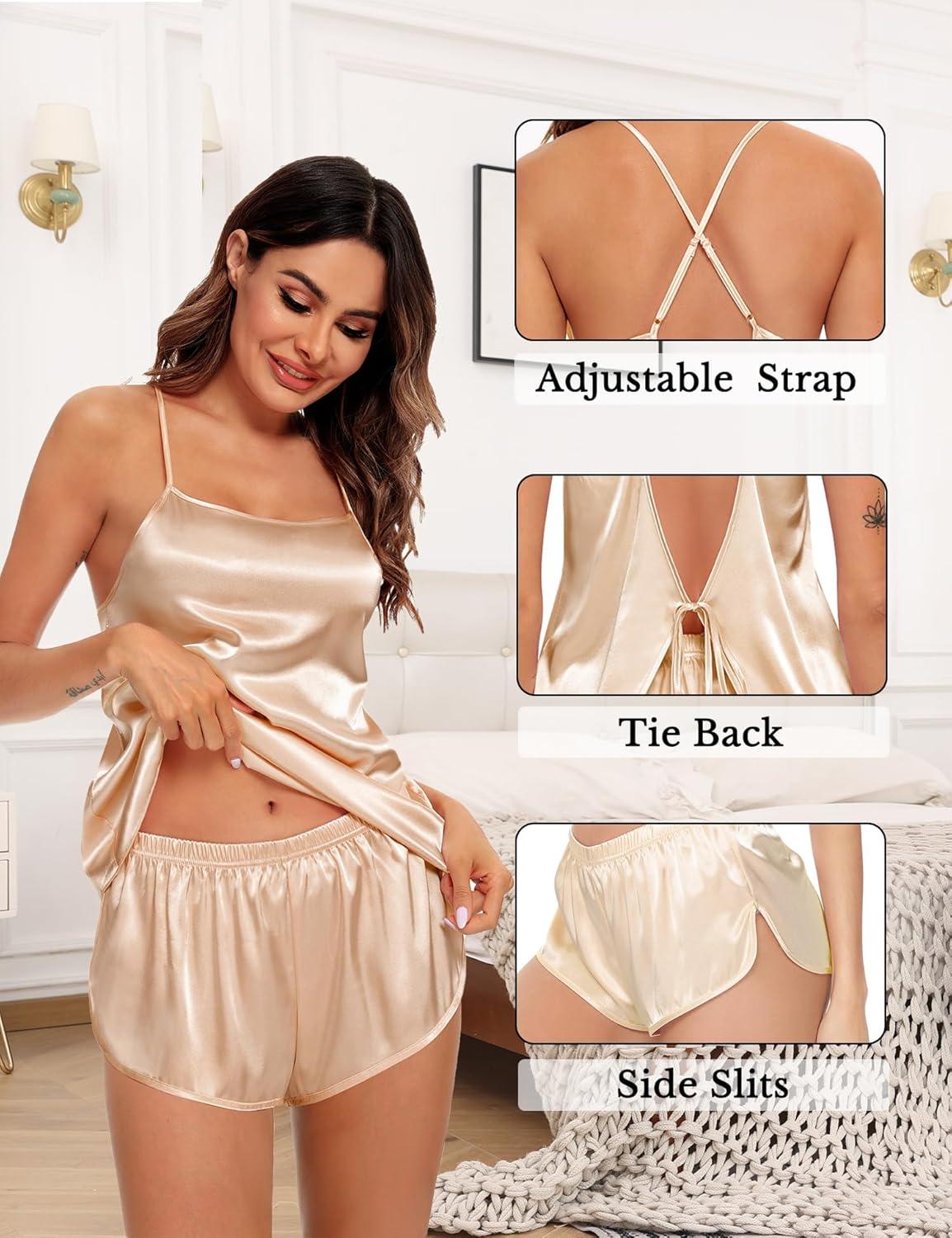 imageSWOMOG Womens 4pcs Pajamas Sets Silk Satin Pjs Sexy Cami Shorts Set Button Down Long Short Sleeve Sleepwear LoungewearChampagne