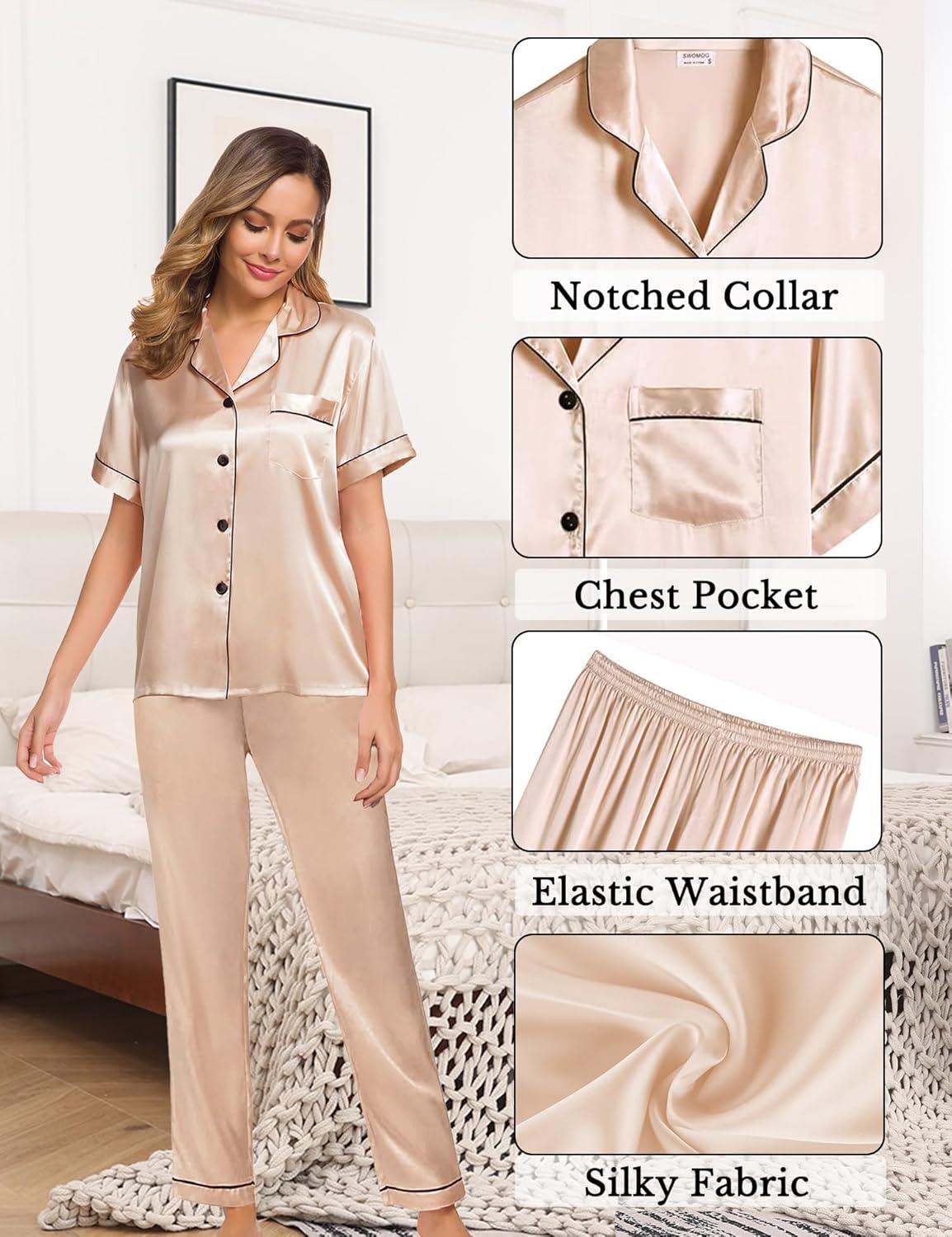 imageSWOMOG Womens 4pcs Pajamas Sets Silk Satin Pjs Sexy Cami Shorts Set Button Down Long Short Sleeve Sleepwear LoungewearChampagne